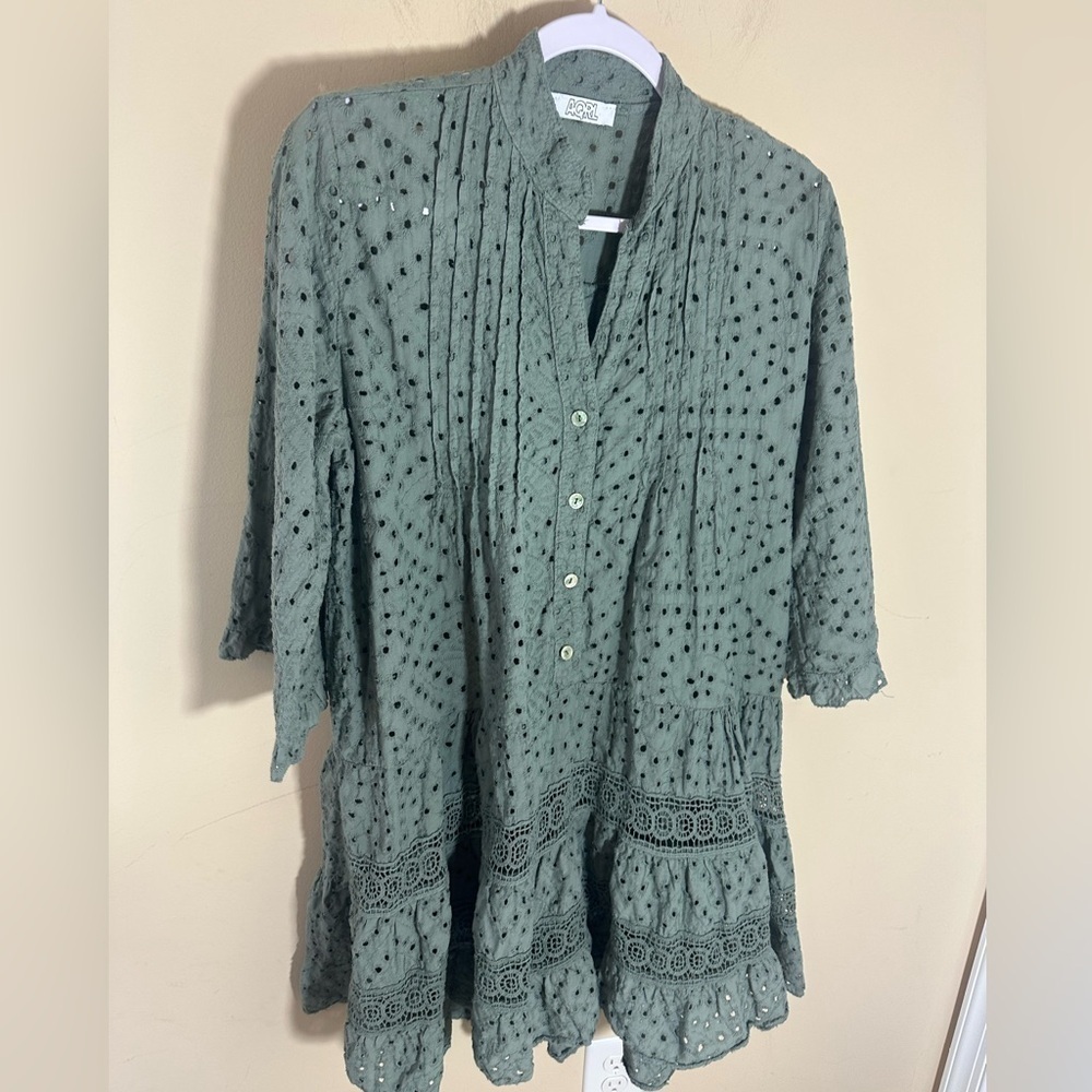 AQRL Dress Made Italy viscose silk linen feel eyelet  green gray size size M/L